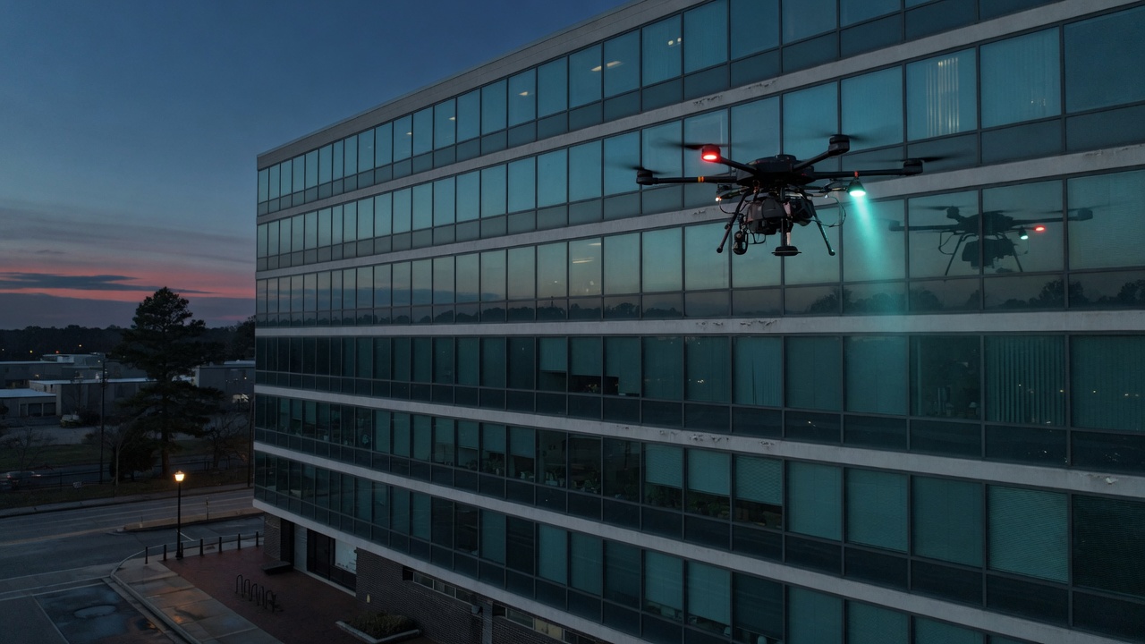 North Carolina office building at dusk with exterior drone work